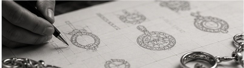 Jewellery design sketches drawn by hand beside finished silver pieces