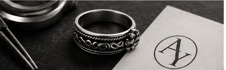 Finished silver ring inspected beside the AY AURELUNE mark