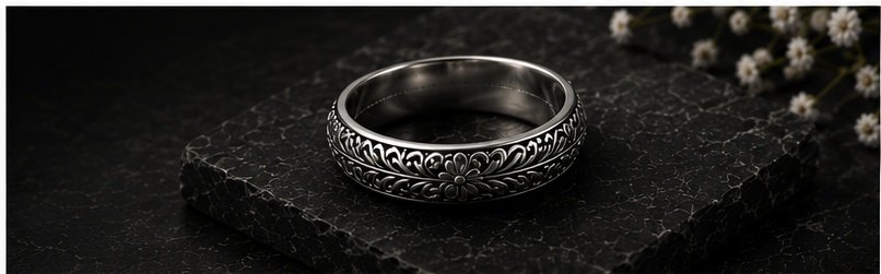 Engraved sterling silver ring on dark stone with white flowers